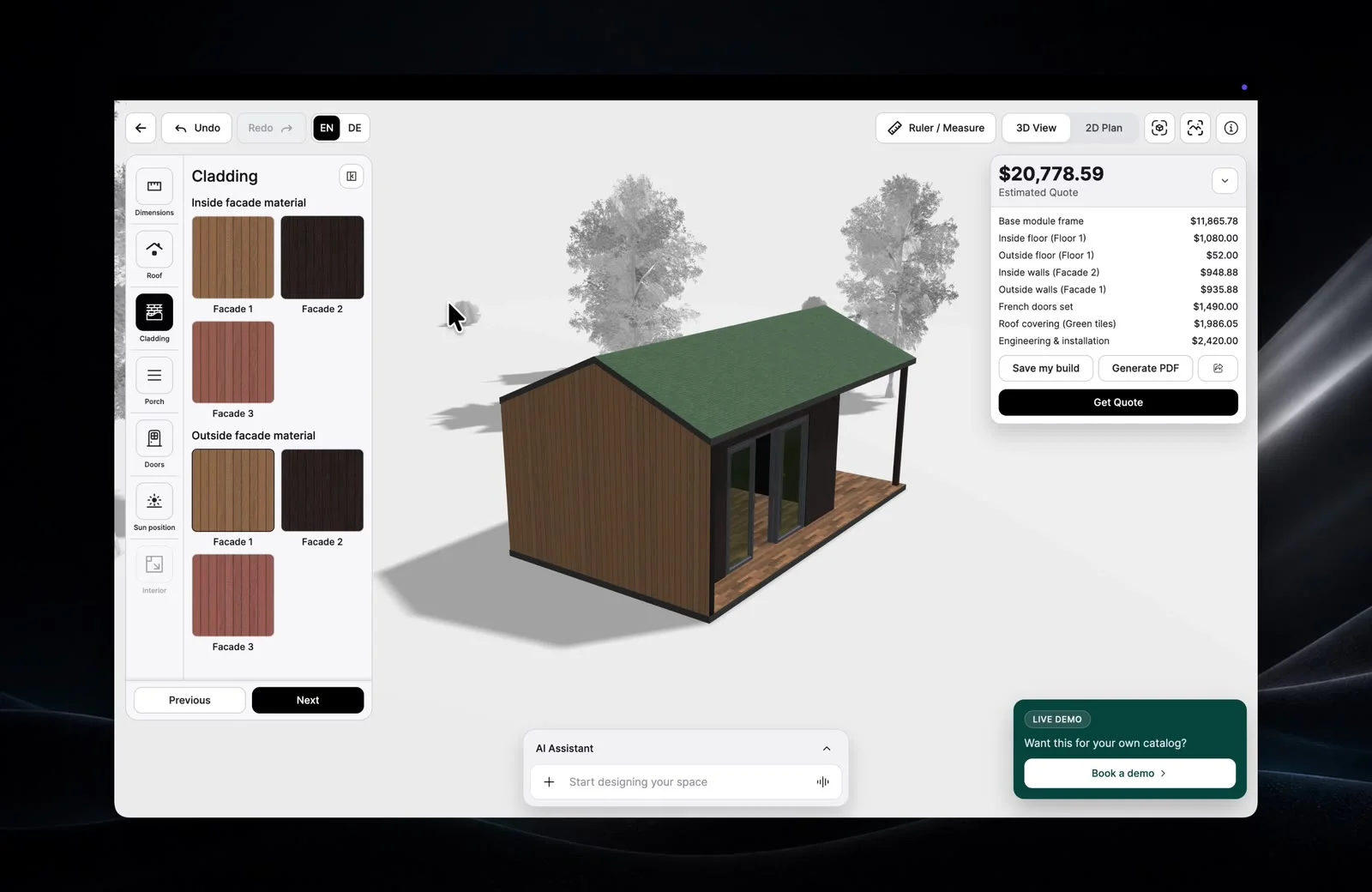 The Unitry configurator open in a browser, with a modular studio being configured and priced