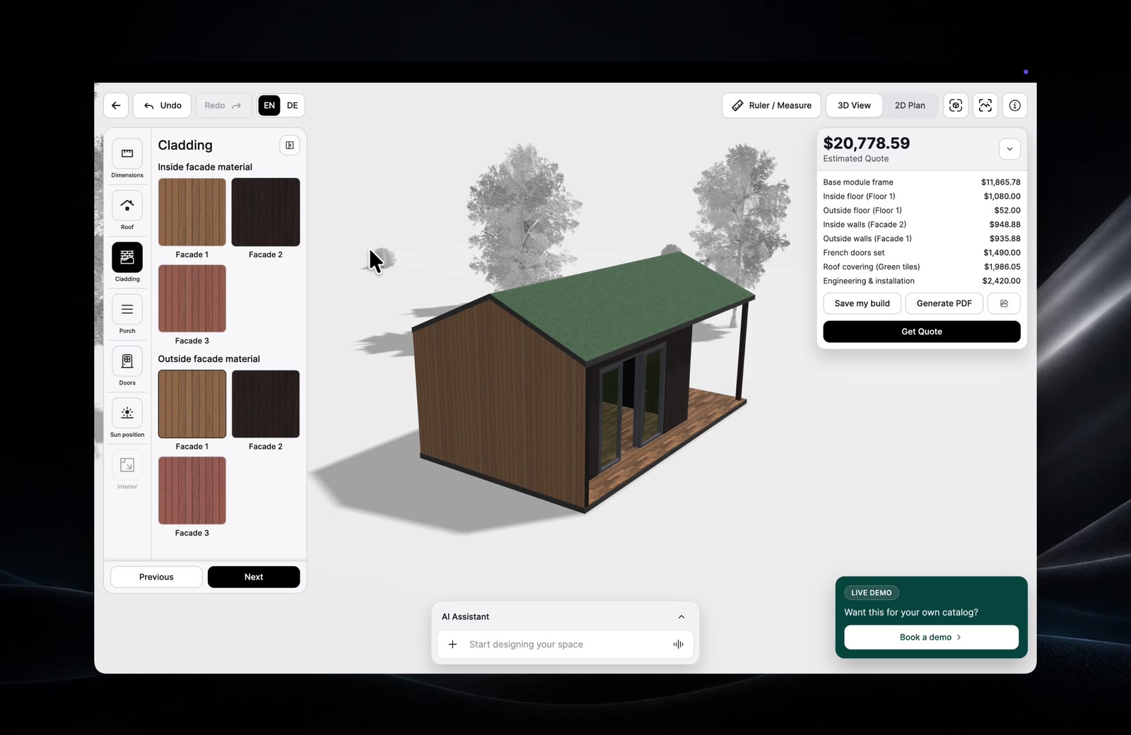 The Unitry configurator open in a browser, with a modular studio being configured and priced
